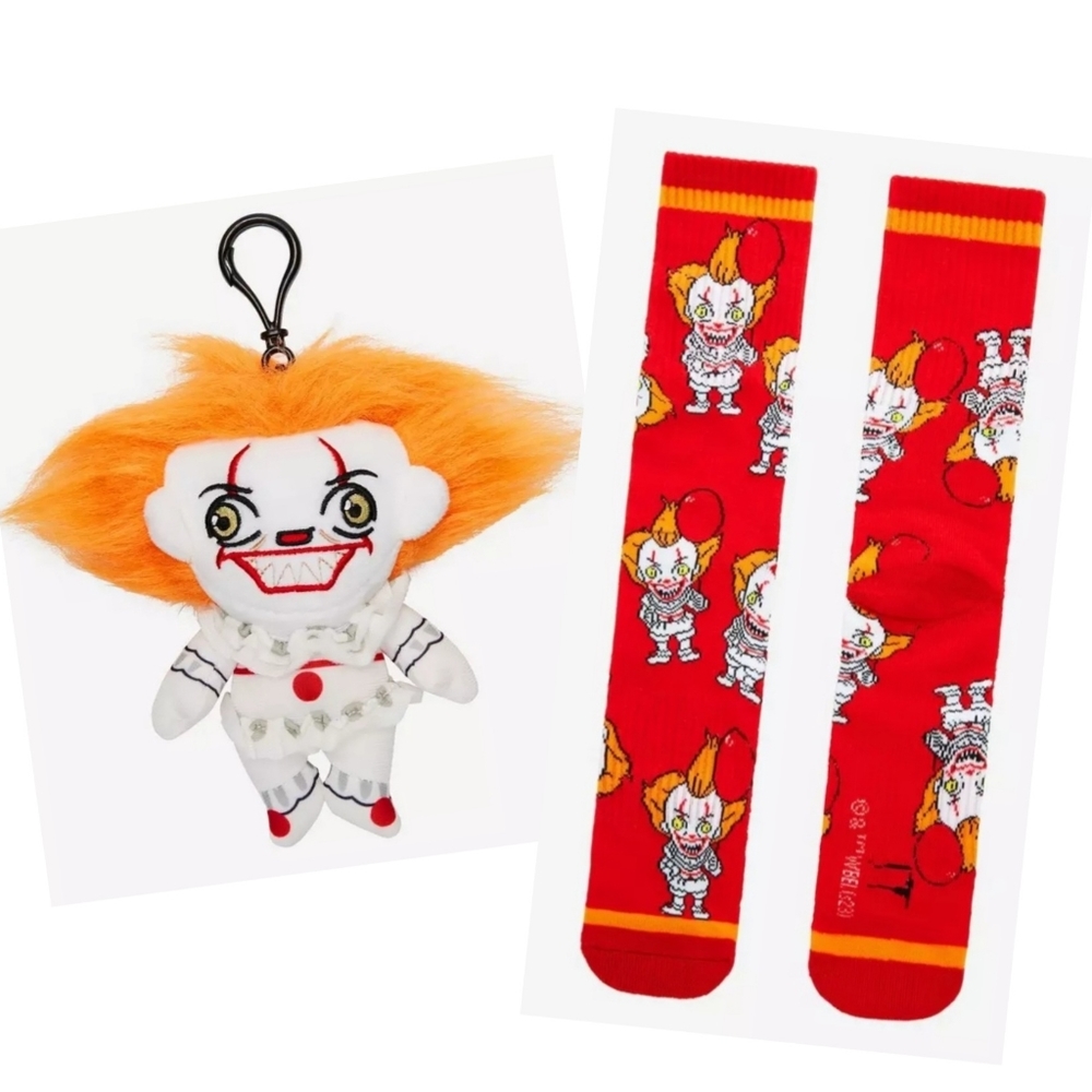 IT Pennywise Bundle: Plush Key Chain and Portraits Allover Print Crew Socks
